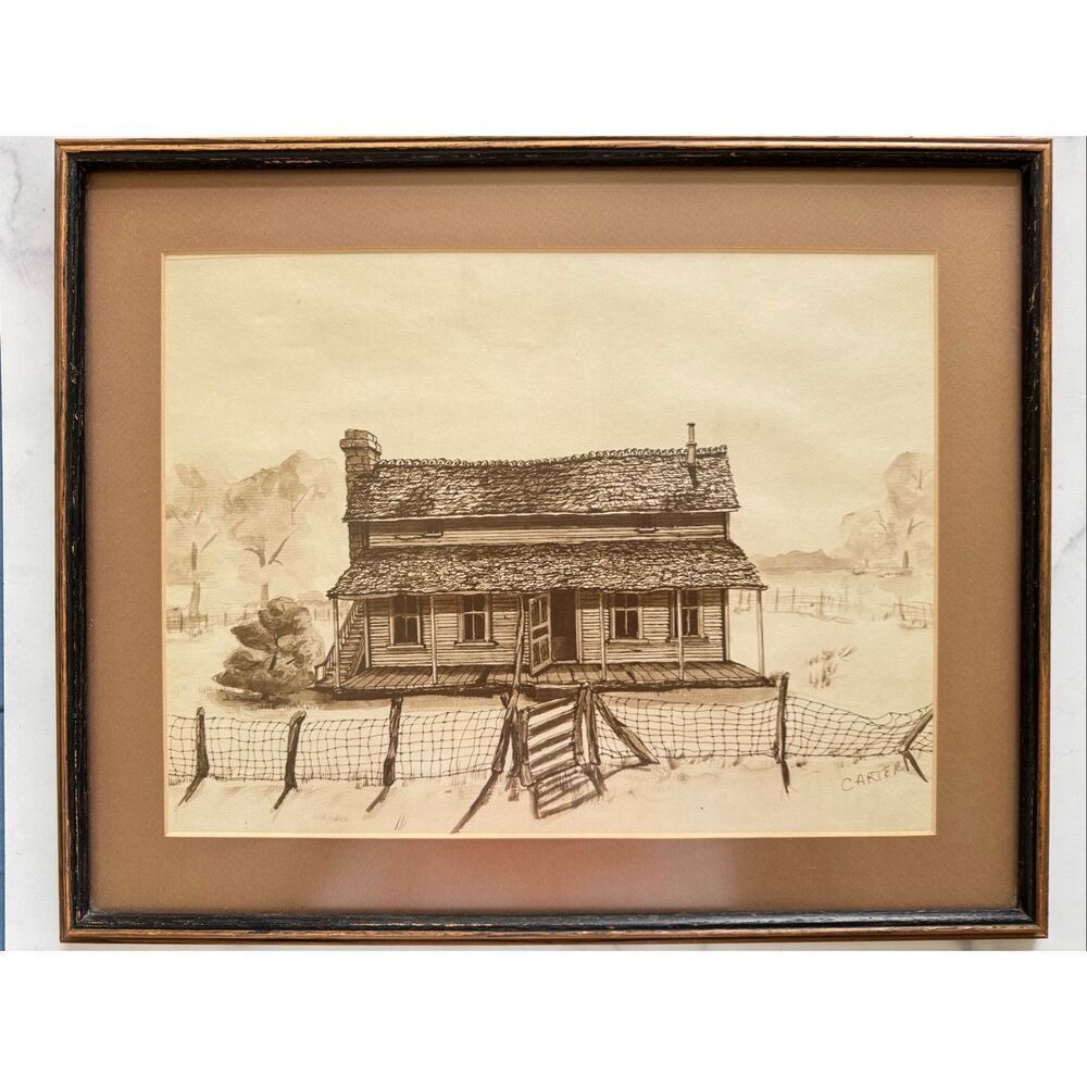 Carter vintage watercolor pencil farmhouse art framed country farm ranch old  ho